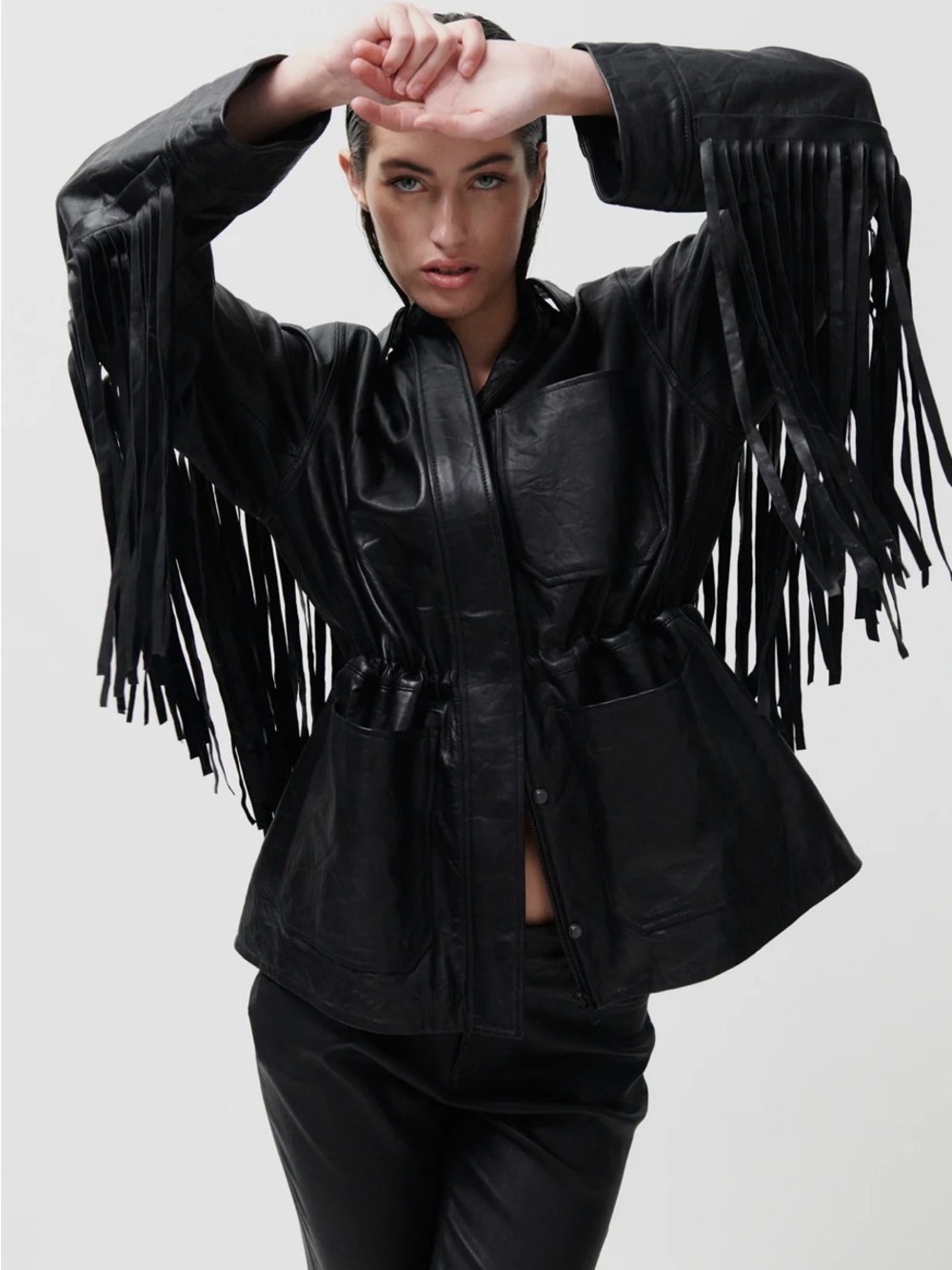 DAY Black genuine lather Women's Fringe Jacket Stylish Drawstring Waist size 2